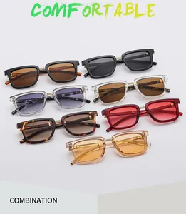 Close-up of square sunglasses with metal hinges in various color frames and tinted lenses