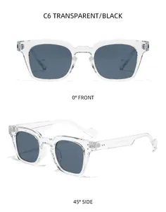 Detailed front and 45-degree side views of square transparent sunglasses with black lenses