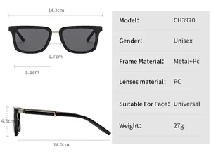 Detailed size chart and technical specifications for square metal frame sunglasses