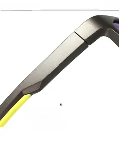 Detail of grey matte sports sunglasses temples with yellow anti-slip rubber padding