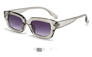 Side view of retro square sunglasses with translucent taupe frame and purple gradient lenses