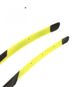 Macro detail of curved eyewear temples with non-slip texture in yellow and grey