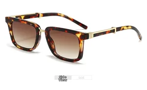 Detail view of square tortoiseshell sunglasses with gold metal hinges and side texture
