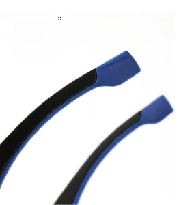 Detail of curved non-slip temples in black and blue for outdoor sports sunglasses
