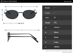 Detailed size chart for retro oval sunglasses showing frame width and lens dimensions