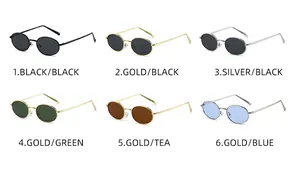 Matrix view of vintage oval sunglasses in six metallic frame and lens color variations