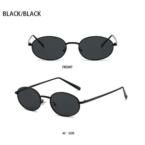 Front and 45-degree side views of black oval metal sunglasses with minimalist frames