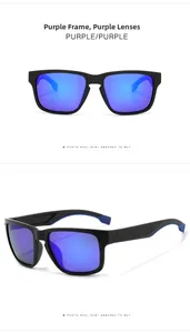 Close-up of polarized sports sunglasses with purple reflective lenses and black frames