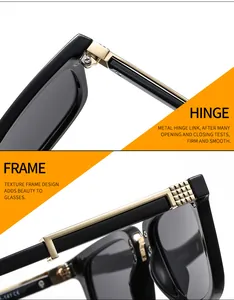 Detailed macro view of the black and gold metal hinge and textured frame of these sunglasses