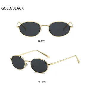 Front and 45 degree side views of vintage oval sunglasses with gold frame and black lens