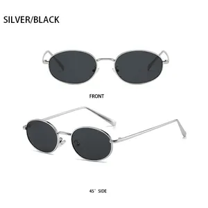 Front and side view of retro oval sunglasses with silver metal frame and black lenses