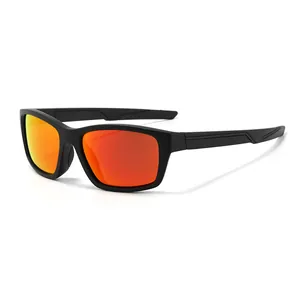 Polarized sports sunglasses with matte black frames and red-orange gradient lenses