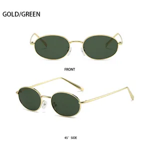 Front and side view of gold metal oval sunglasses with dark green lenses in detail
