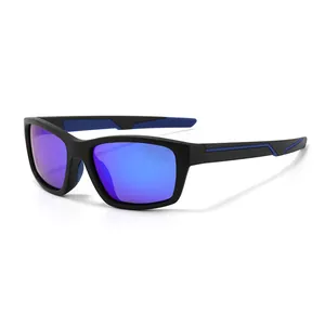 Polarized sports sunglasses with matte black frame and blue-purple mirrored lenses
