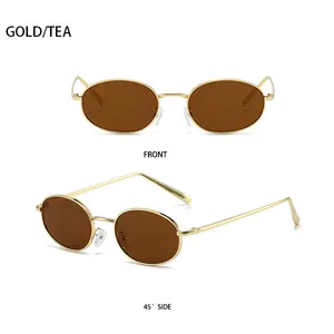Front and 45-degree side views of retro oval gold metal sunglasses with tea lenses