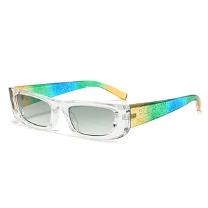 Rectangle transparent sunglasses with gradient glitter arms and gray lenses
