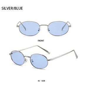 Front and side view of silver metal oval sunglasses with light blue lenses and nose pads