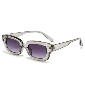 Retro small rectangular sunglasses with transparent grey frame and purple gradient lenses