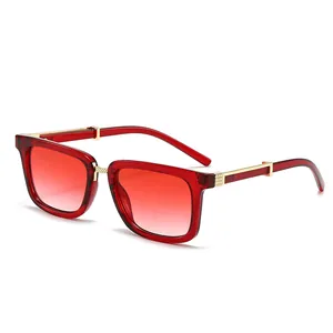 Fashionable red square sunglasses with gradient lenses and gold metal hardware