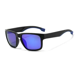 Black matte polarized sport sunglasses with blue mirrored lenses for outdoor cycling