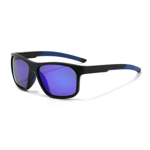 Sporty matte black polarized sunglasses with vibrant purple-blue mirrored lenses