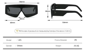 Detaillierte Größentabelle der Oversize-Sonnenbrille mit PC-Rahmenmaßen