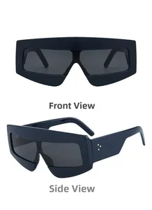 Detailansicht der dunkelblauen Sonnenbrille mit Goldnieten und einteiligem Schildglas