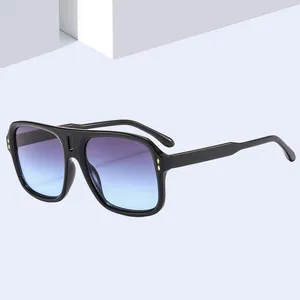 Detail view of fashion sunglasses with black frame and purple-blue gradient lenses