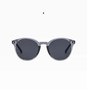 Detail of round transparent grey sunglasses with silver rivets and dark grey lenses