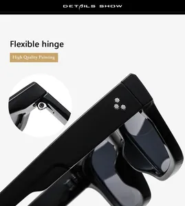 Detailansicht der flexiblen Scharniere und drei-Sterne-Metallnieten auf schwarzer Sonnenbrille