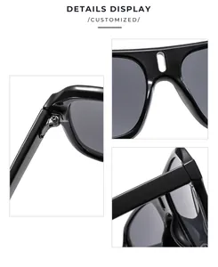 Macro view of metal hinge and integrated nose pads on black fashion square sunglasses
