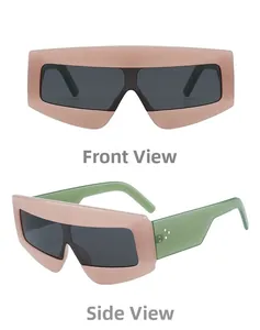 Vorder- und Seitenansicht der Oversize-Schild-Sonnenbrille mit nacktem Rahmen und grünen Bügeln