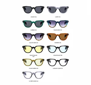 Detailed multi-color chart for retro oval sunglasses with metal rivet details