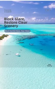 Close-up of polarized square lenses reducing glare and restoring natural colors at the beach