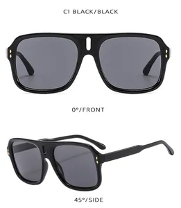 Front and side views of stylish oversized black square sunglasses with gold hinge accents