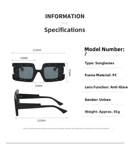 Detailed size chart for square oversized sunglasses with 153mm width and PC frame specs