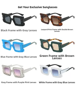 Detail of oversized square sunglasses featuring 3D textured frames and lightning-shaped legs