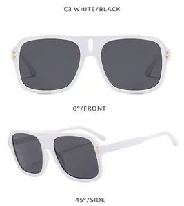 Detailed views of white square sunglasses with dark lenses and gold rivet accents