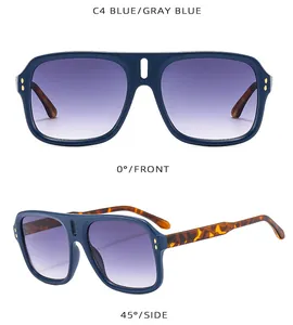 Detail view of square navy sunglasses with gradient lenses and tortoiseshell temples