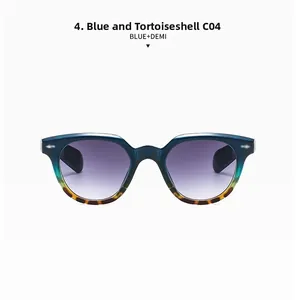 Detail of vintage oval sunglasses featuring blue and demi frames with metal rivets