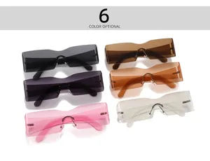 Detailweergave van modieuze randloze wrap-around zonnebrillen in zes trendy kleuren