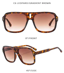 Detail view of leopard print square sunglasses with gradient brown lenses and double bridge