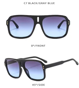 Detail of oversized square sunglasses with black frame and purple-blue gradient lenses