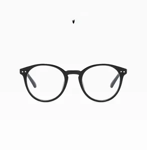Detail of round black frame anti-blue light glasses with silver rivet accents