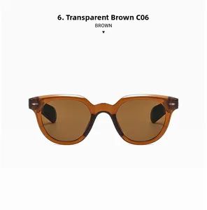 Detail of transparent brown cat-eye sunglasses frames with metal stud accents and dark lenses