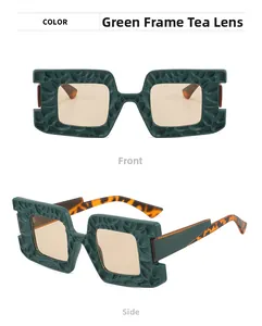 Detailed front and side views of oversized dark green square sunglasses with textured frames