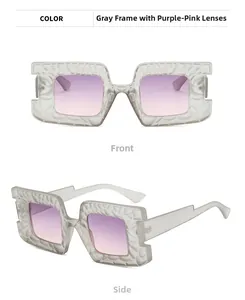 Detail of gray square sunglasses with rock-textured frames and purple-pink gradient lenses