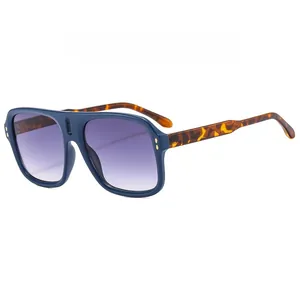 Oversized matte blue aviator sunglasses with tortoise temples and purple gradient lenses