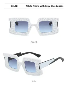 Detail of white textured frame sunglasses with gradient grey-blue lenses and side profile