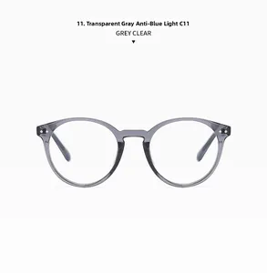 Detail of transparent grey round frame glasses with anti-blue light lenses and silver rivets